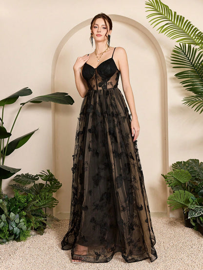 Suspender 3D Butterfly Embroidery Underwire Sheer Mesh Bridal Long Dress