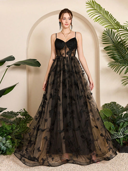 Suspender 3D Butterfly Embroidery Underwire Sheer Mesh Bridal Long Dress