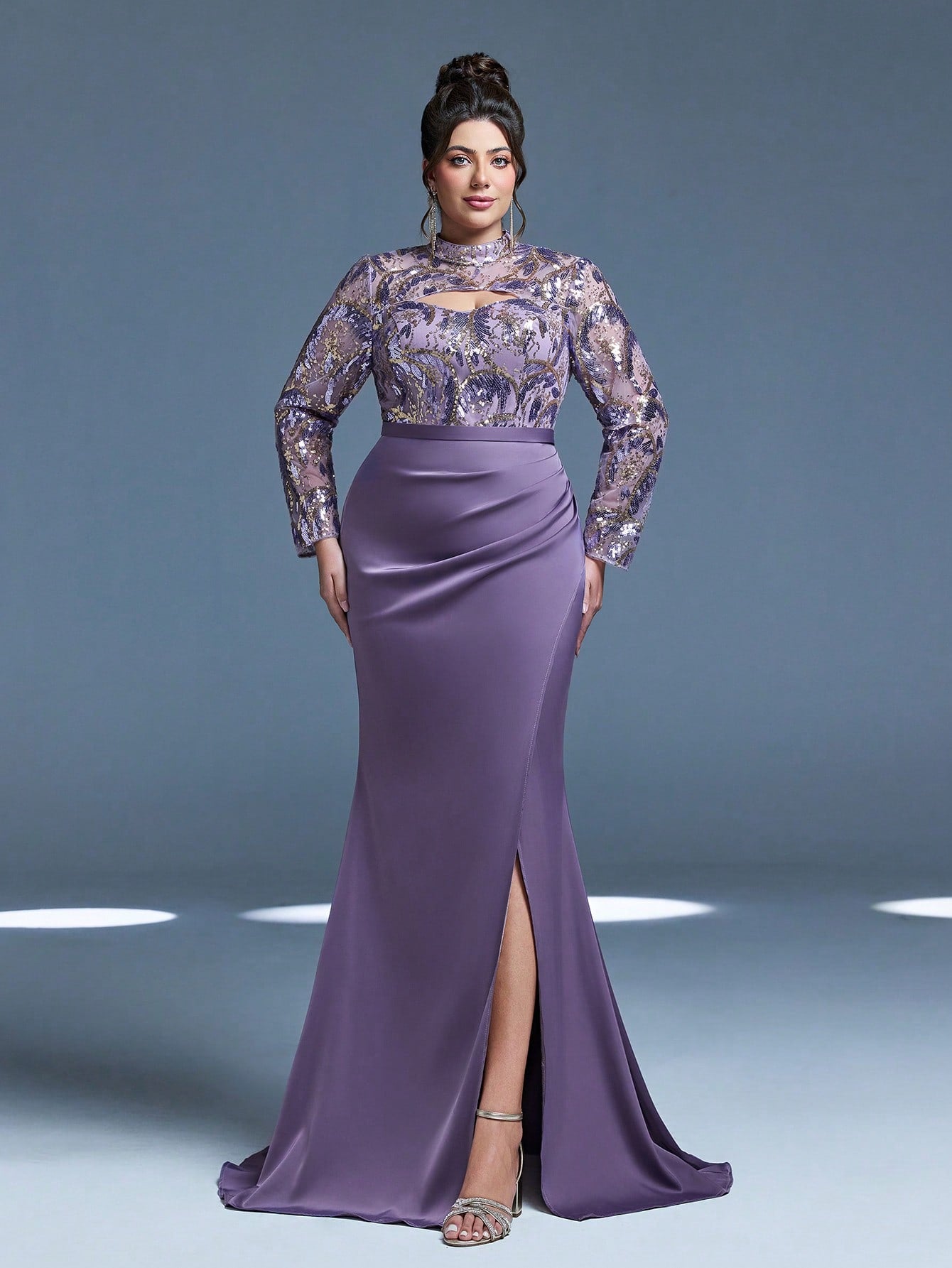 New Arrival Magic Series, Stand Collar, Sequin, Elegant, Plus Size Evening Dress, Hollow-Out, Waistband, High Slit, Long Sleeve, Fitted, Fishtail Hem