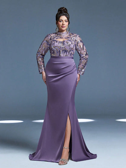 New Arrival Magic Series, Stand Collar, Sequin, Elegant, Plus Size Evening Dress, Hollow-Out, Waistband, High Slit, Long Sleeve, Fitted, Fishtail Hem