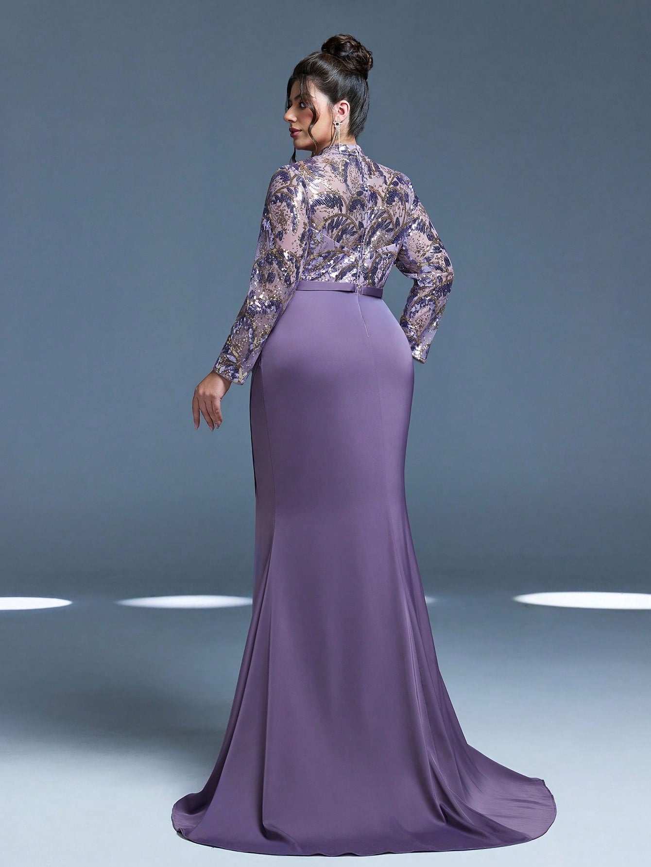 New Arrival Magic Series, Stand Collar, Sequin, Elegant, Plus Size Evening Dress, Hollow-Out, Waistband, High Slit, Long Sleeve, Fitted, Fishtail Hem
