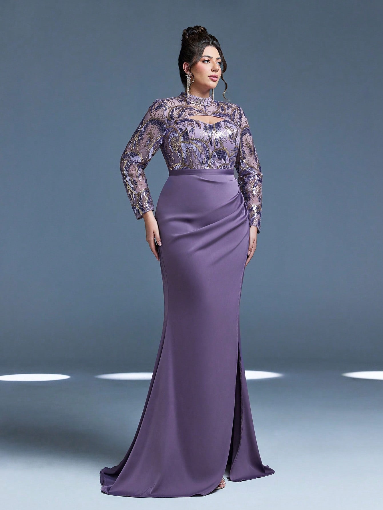 New Arrival Magic Series, Stand Collar, Sequin, Elegant, Plus Size Evening Dress, Hollow-Out, Waistband, High Slit, Long Sleeve, Fitted, Fishtail Hem
