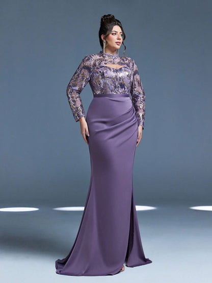 New Arrival Magic Series, Stand Collar, Sequin, Elegant, Plus Size Evening Dress, Hollow-Out, Waistband, High Slit, Long Sleeve, Fitted, Fishtail Hem