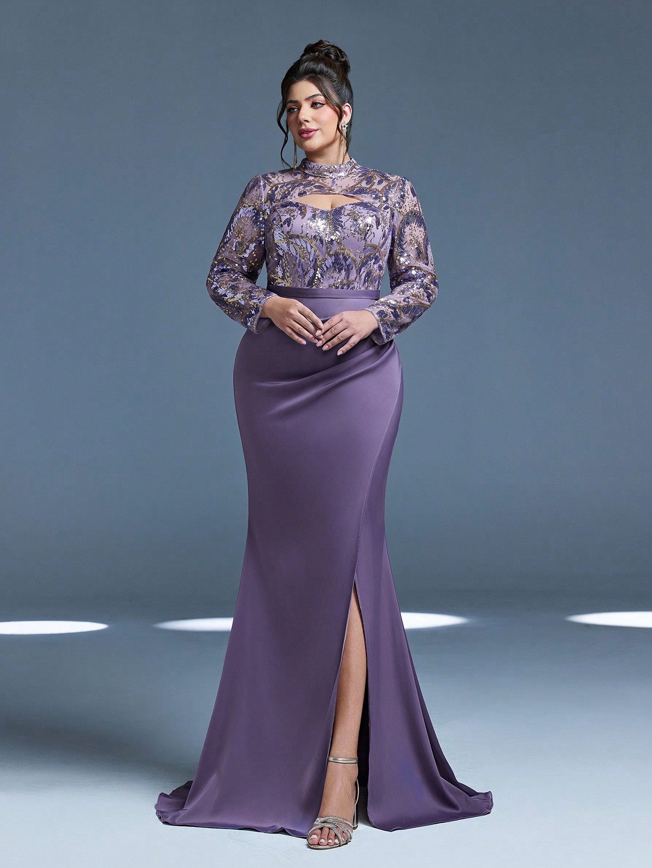 New Arrival Magic Series, Stand Collar, Sequin, Elegant, Plus Size Evening Dress, Hollow-Out, Waistband, High Slit, Long Sleeve, Fitted, Fishtail Hem