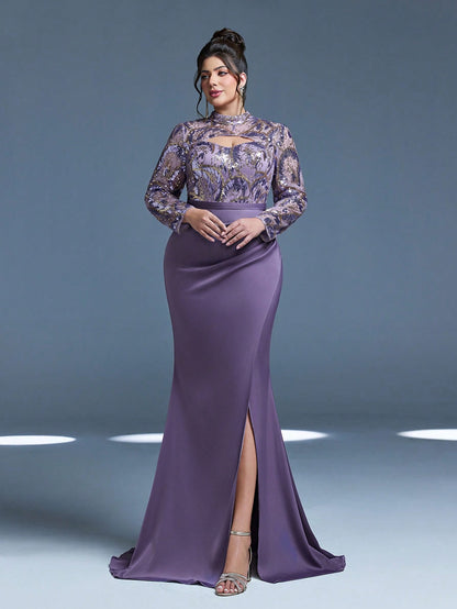 New Arrival Magic Series, Stand Collar, Sequin, Elegant, Plus Size Evening Dress, Hollow-Out, Waistband, High Slit, Long Sleeve, Fitted, Fishtail Hem