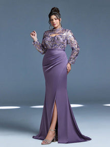 New Arrival Magic Series, Stand Collar, Sequin, Elegant, Plus Size Evening Dress, Hollow-Out, Waistband, High Slit, Long Sleeve, Fitted, Fishtail Hem