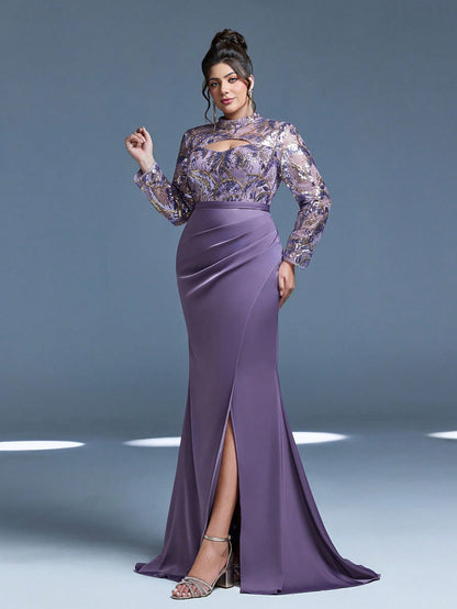 New Arrival Magic Series, Stand Collar, Sequin, Elegant, Plus Size Evening Dress, Hollow-Out, Waistband, High Slit, Long Sleeve, Fitted, Fishtail Hem