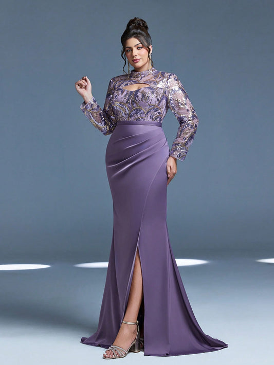 New Arrival Magic Series, Stand Collar, Sequin, Elegant, Plus Size Evening Dress, Hollow-Out, Waistband, High Slit, Long Sleeve, Fitted, Fishtail Hem