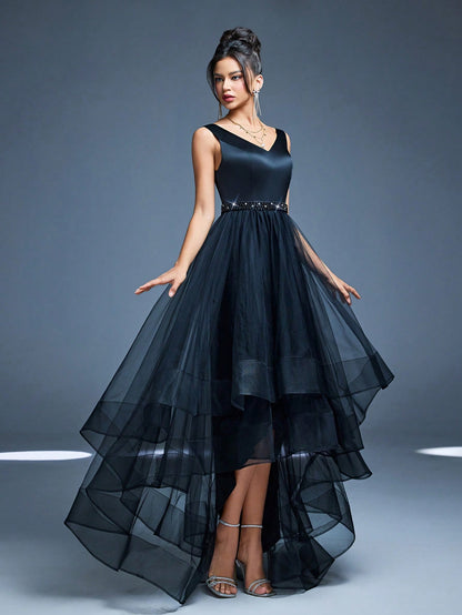 New V-Neck Elegant Plus Size Puff Dress Faux Pearl Decor Mesh Long Dress, Summer Wedding Party Black
