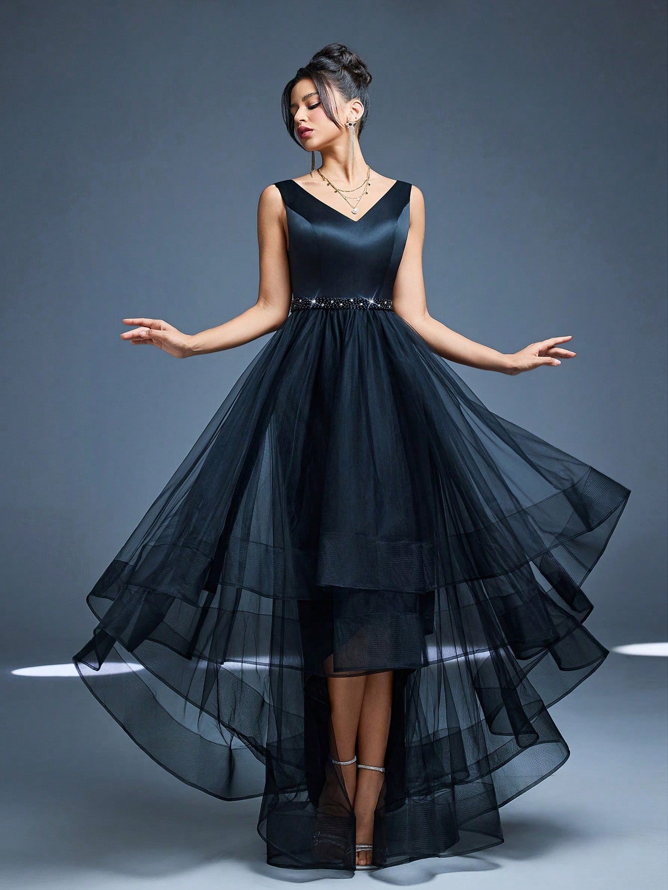 New V-Neck Elegant Plus Size Puff Dress Faux Pearl Decor Mesh Long Dress, Summer Wedding Party Black