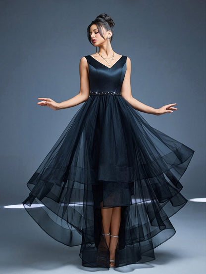 New V-Neck Elegant Plus Size Puff Dress Faux Pearl Decor Mesh Long Dress, Summer Wedding Party Black