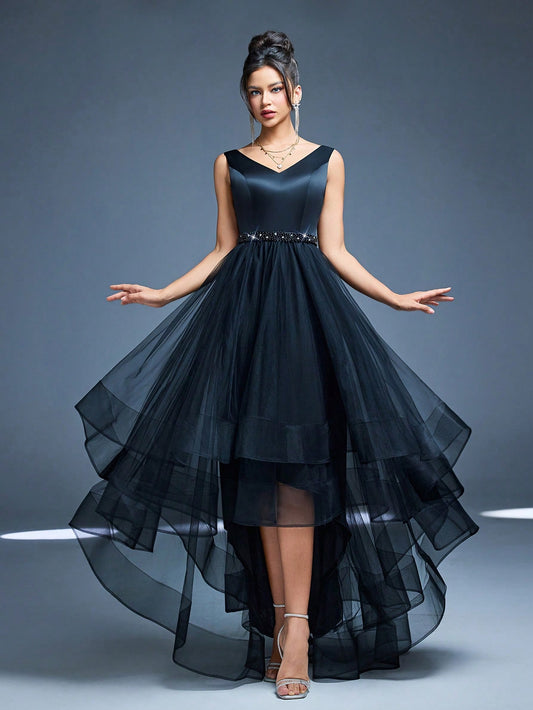 New V-Neck Elegant Plus Size Puff Dress Faux Pearl Decor Mesh Long Dress, Summer Wedding Party Black