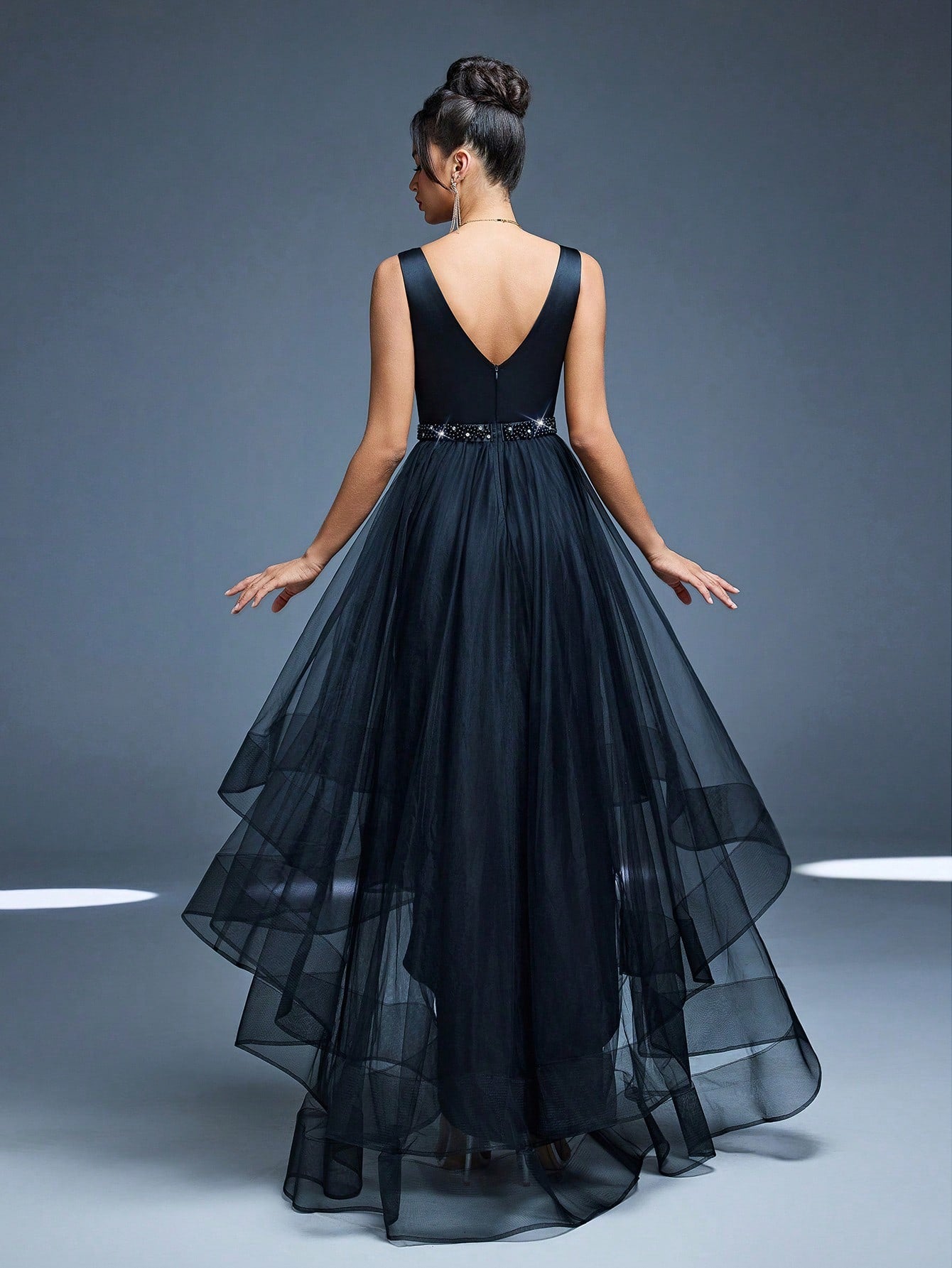 New V-Neck Elegant Plus Size Puff Dress Faux Pearl Decor Mesh Long Dress, Summer Wedding Party Black