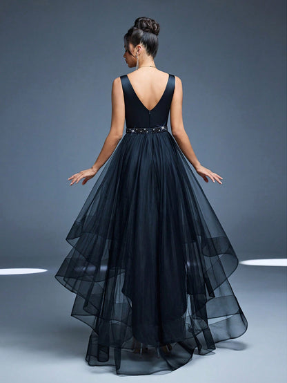 New V-Neck Elegant Plus Size Puff Dress Faux Pearl Decor Mesh Long Dress, Summer Wedding Party Black