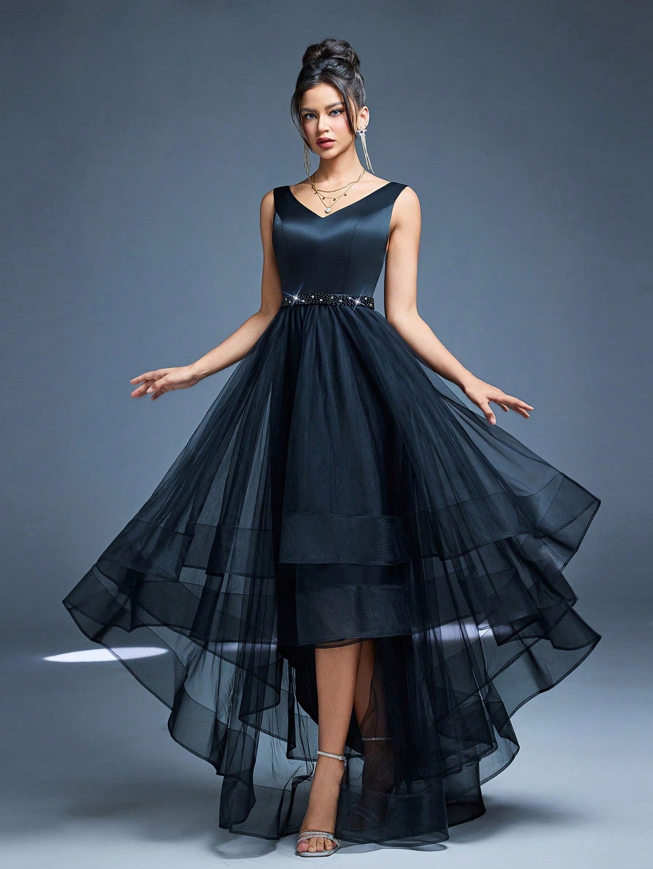 New V-Neck Elegant Plus Size Puff Dress Faux Pearl Decor Mesh Long Dress, Summer Wedding Party Black