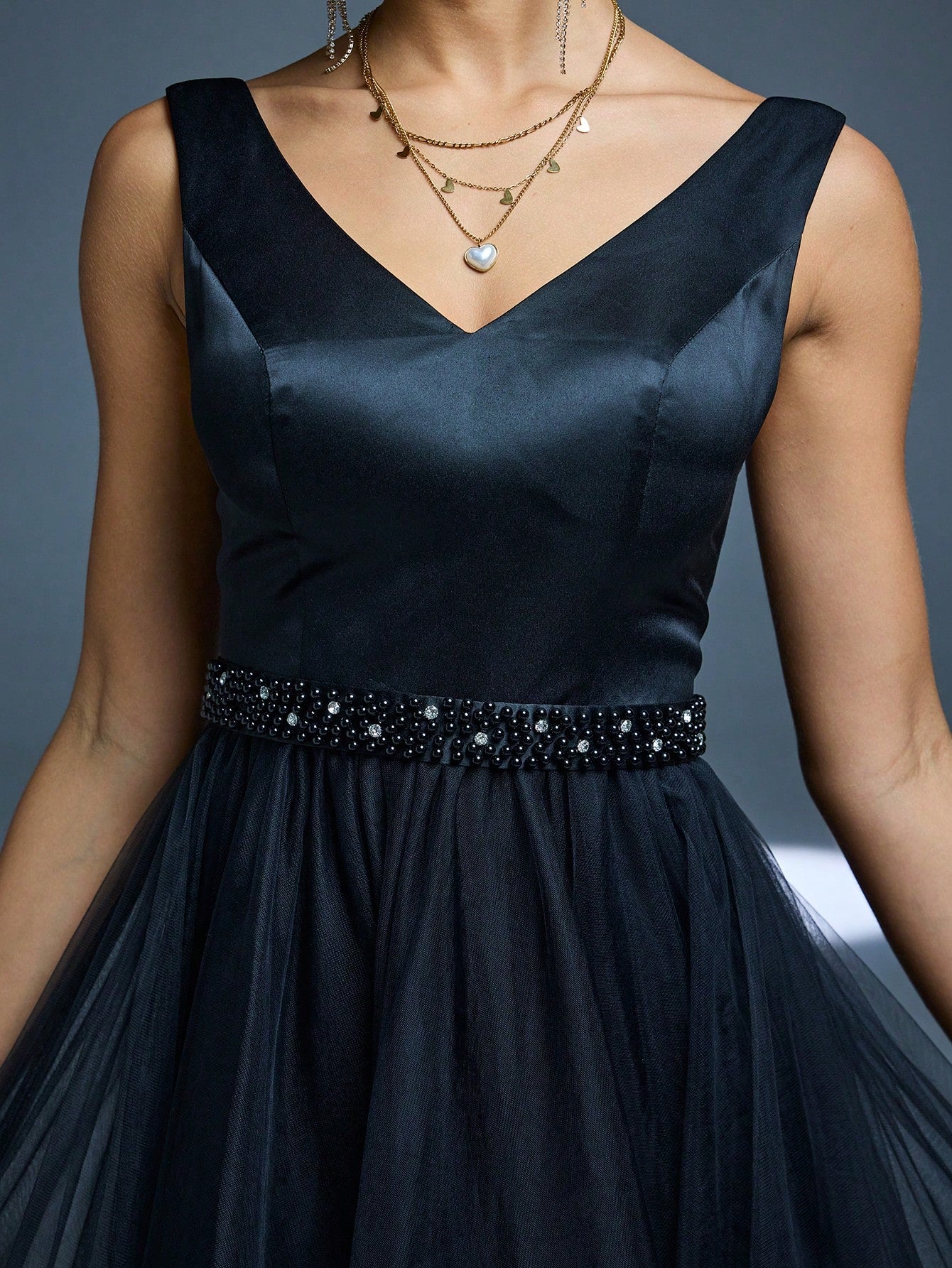 New V-Neck Elegant Plus Size Puff Dress Faux Pearl Decor Mesh Long Dress, Summer Wedding Party Black