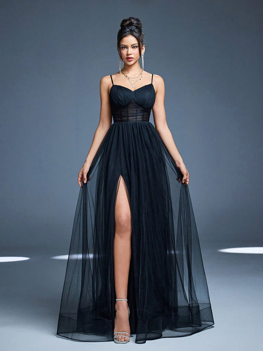 New Romantic Open Shoulder Bridesmaid Dress, Pleated Ruffle Chiffon Dress, Black Wedding Spring