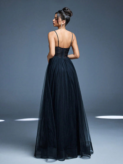 New Romantic Open Shoulder Bridesmaid Dress, Pleated Ruffle Chiffon Dress, Black Wedding Spring