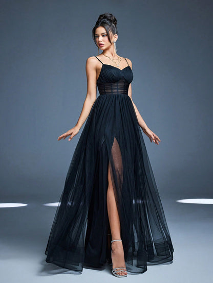 New Romantic Open Shoulder Bridesmaid Dress, Pleated Ruffle Chiffon Dress, Black Wedding Spring