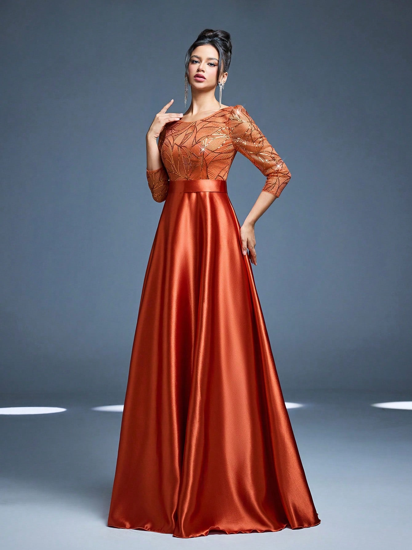 New Elegant Embroidered Sequin 3/4 Sleeve Bridesmaid Dress