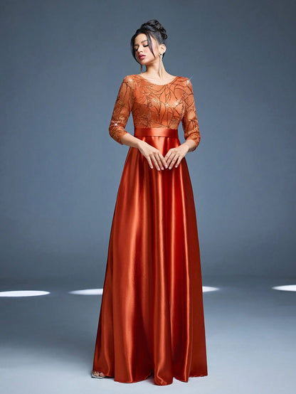New Elegant Embroidered Sequin 3/4 Sleeve Bridesmaid Dress