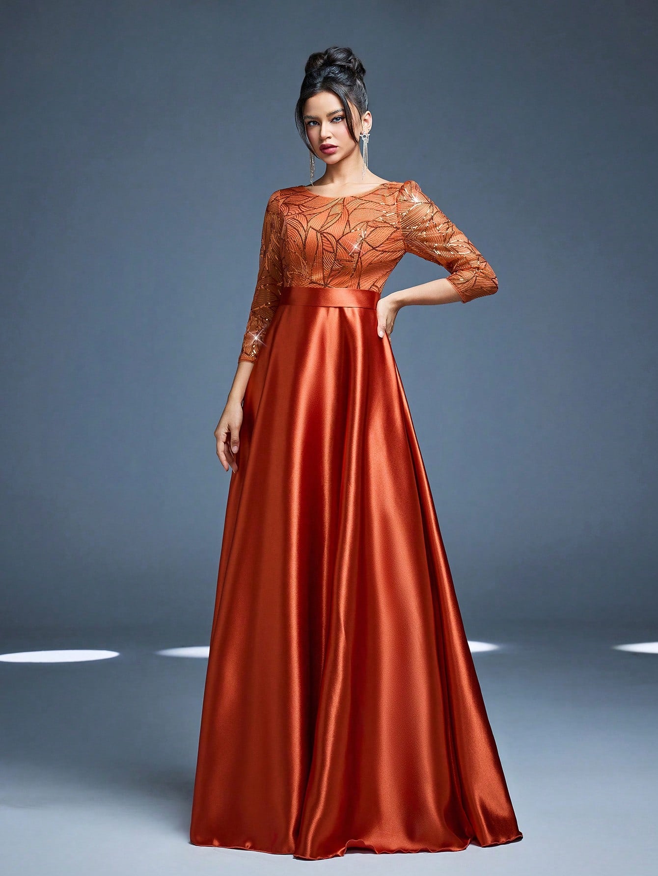 New Elegant Embroidered Sequin 3/4 Sleeve Bridesmaid Dress