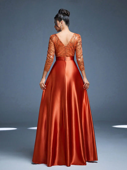 New Elegant Embroidered Sequin 3/4 Sleeve Bridesmaid Dress