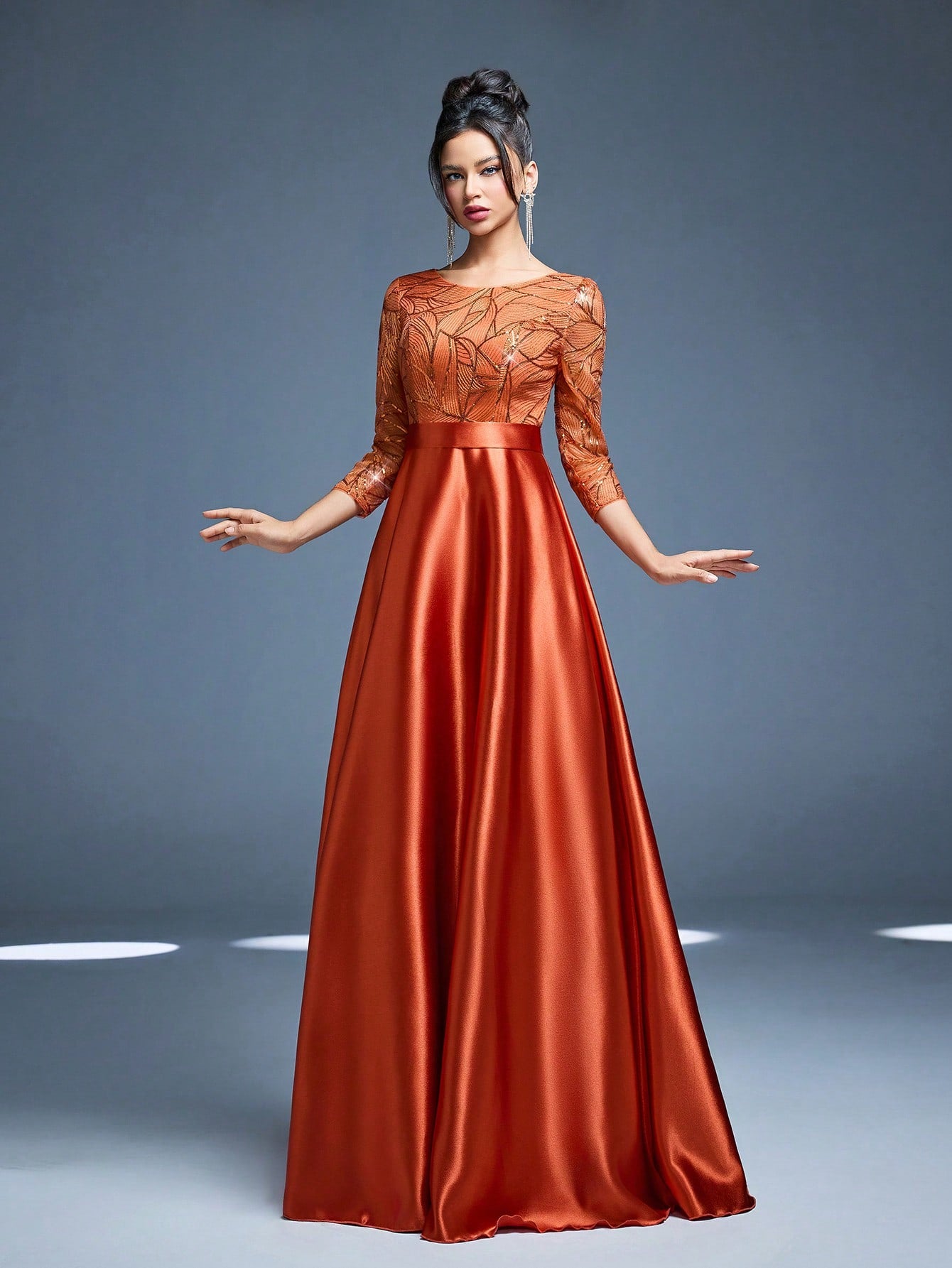 New Elegant Embroidered Sequin 3/4 Sleeve Bridesmaid Dress