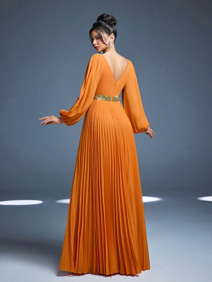 New Arrival, Magical, Crossover Neckline, Shiny, Bridesmaid Dress, Sun Pleats, Hollow Lantern Sleeves, Chiffon, A-Line Skirt