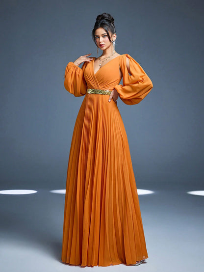 New Arrival, Magical, Crossover Neckline, Shiny, Bridesmaid Dress, Sun Pleats, Hollow Lantern Sleeves, Chiffon, A-Line Skirt