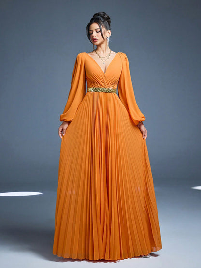 New Arrival, Magical, Crossover Neckline, Shiny, Bridesmaid Dress, Sun Pleats, Hollow Lantern Sleeves, Chiffon, A-Line Skirt