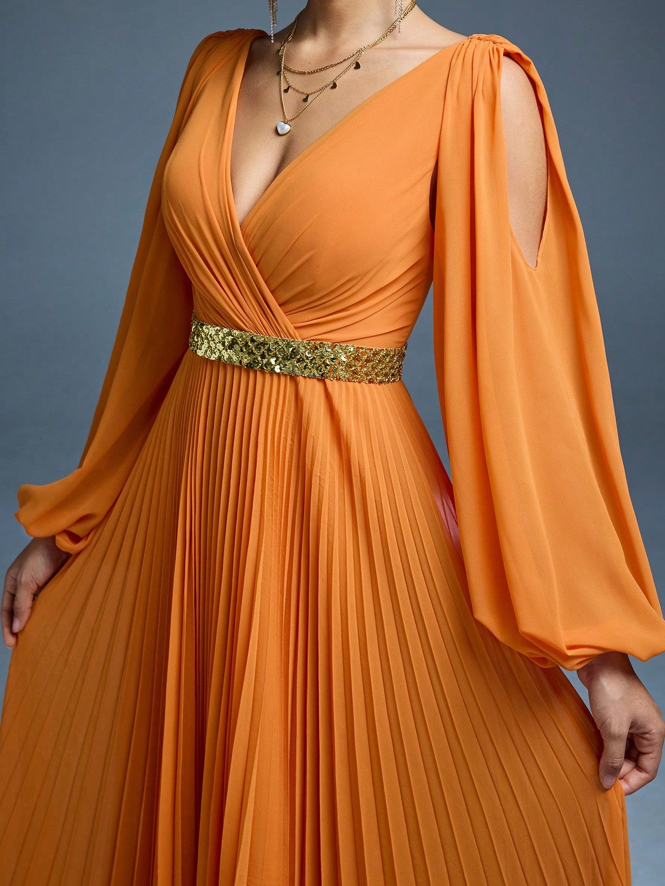 New Arrival, Magical, Crossover Neckline, Shiny, Bridesmaid Dress, Sun Pleats, Hollow Lantern Sleeves, Chiffon, A-Line Skirt