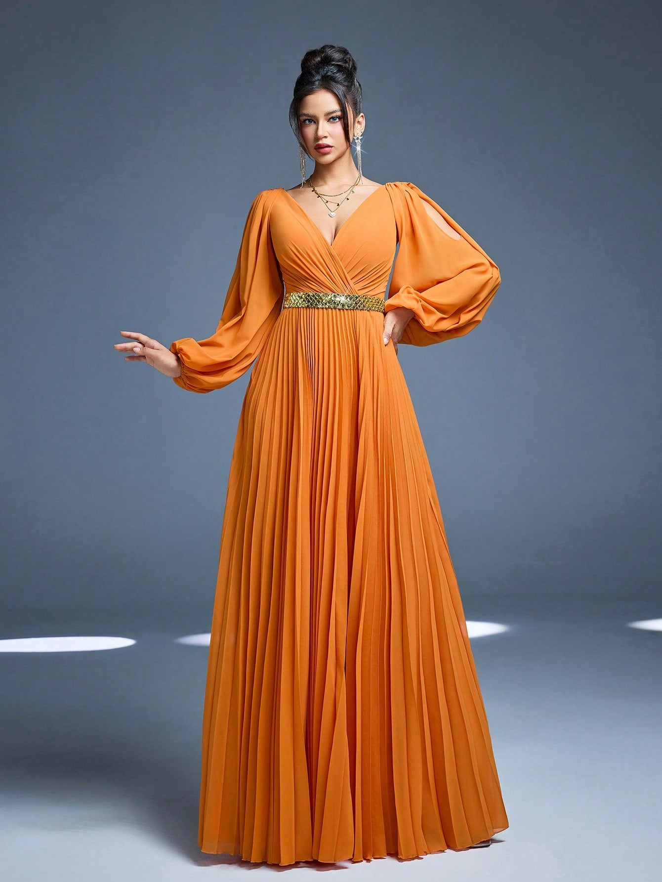 New Arrival, Magical, Crossover Neckline, Shiny, Bridesmaid Dress, Sun Pleats, Hollow Lantern Sleeves, Chiffon, A-Line Skirt