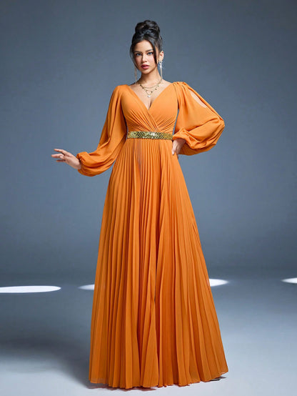 New Arrival, Magical, Crossover Neckline, Shiny, Bridesmaid Dress, Sun Pleats, Hollow Lantern Sleeves, Chiffon, A-Line Skirt