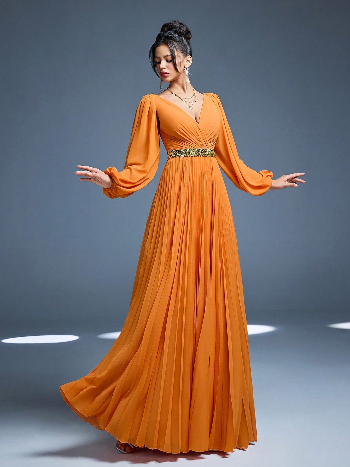 New Arrival, Magical, Crossover Neckline, Shiny, Bridesmaid Dress, Sun Pleats, Hollow Lantern Sleeves, Chiffon, A-Line Skirt