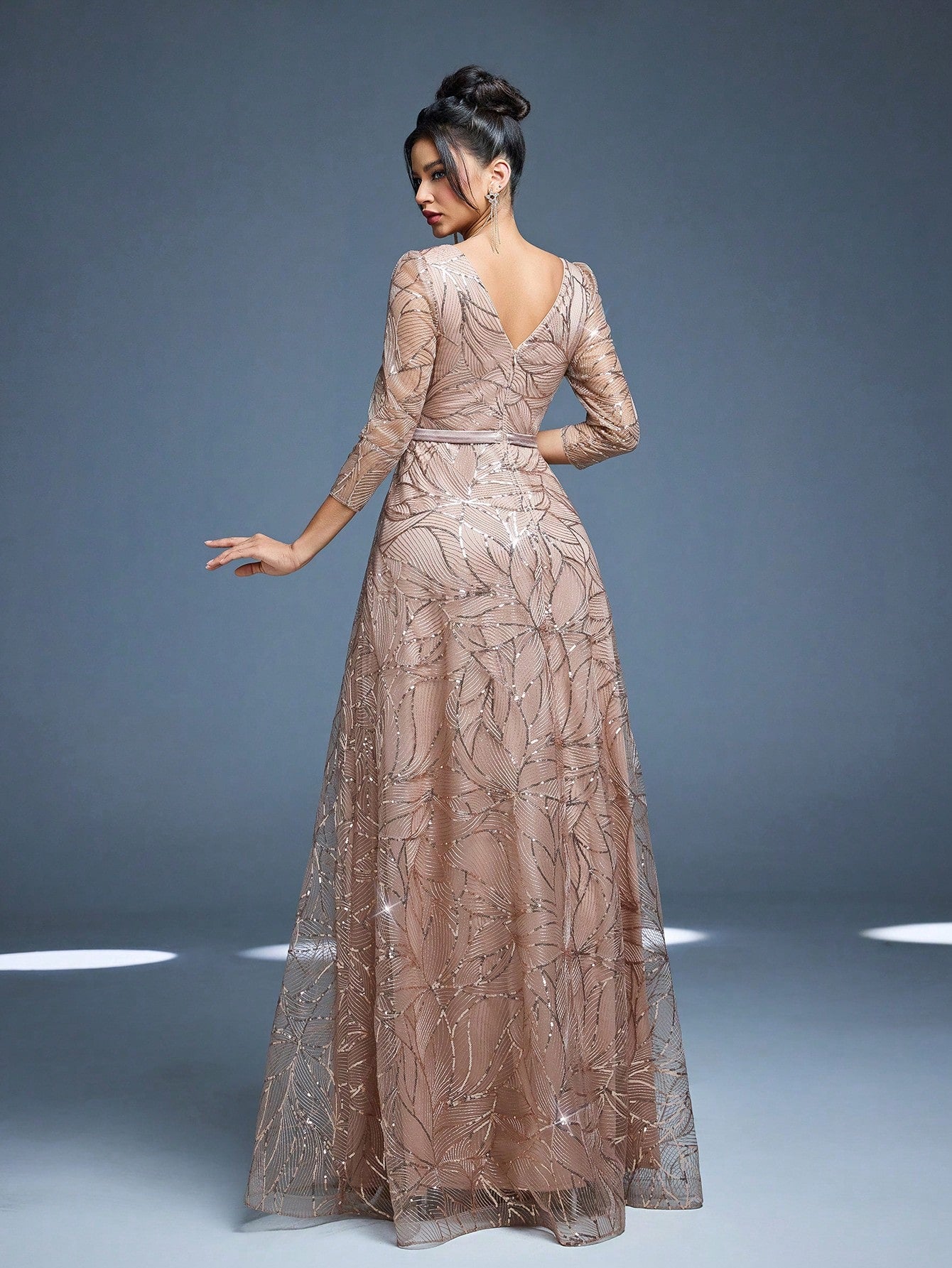 Women's New Round Neck Evening Dress, Sequin Lace Belt, Elegant A-Line Dress