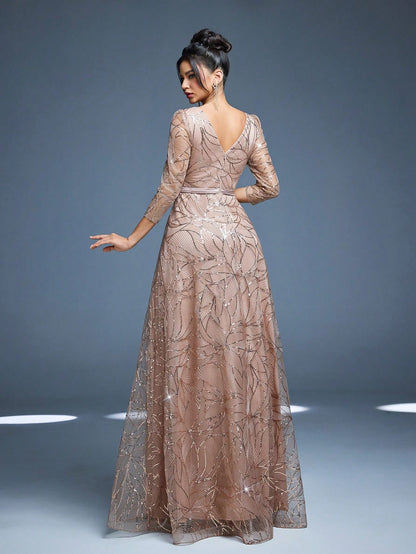 Women's New Round Neck Evening Dress, Sequin Lace Belt, Elegant A-Line Dress