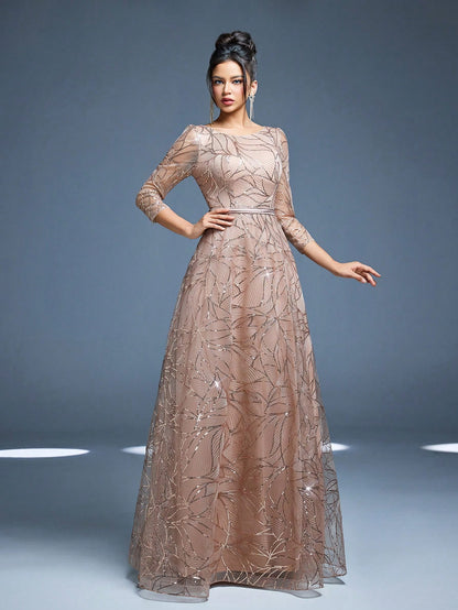 Women's New Round Neck Evening Dress, Sequin Lace Belt, Elegant A-Line Dress