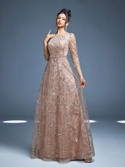 Women's New Round Neck Evening Dress, Sequin Lace Belt, Elegant A-Line Dress