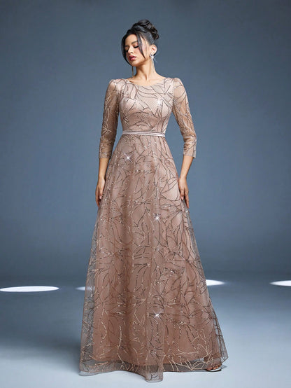 Women's New Round Neck Evening Dress, Sequin Lace Belt, Elegant A-Line Dress