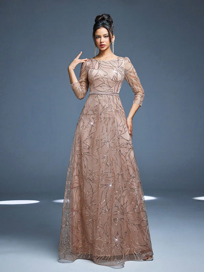 Women's New Round Neck Evening Dress, Sequin Lace Belt, Elegant A-Line Dress
