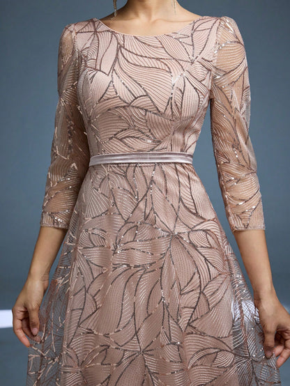 Women's New Round Neck Evening Dress, Sequin Lace Belt, Elegant A-Line Dress
