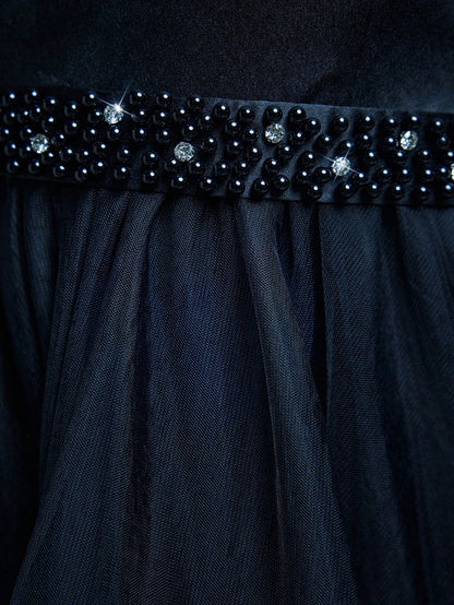 New V-Neck Elegant Plus Size Puff Dress Faux Pearl Decor Mesh Long Dress, Summer Wedding Party Black