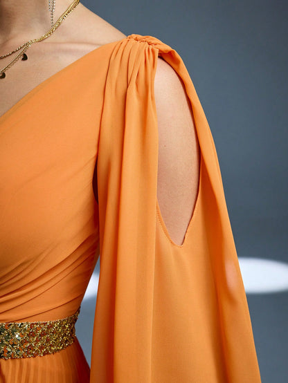 New Arrival, Magical, Crossover Neckline, Shiny, Bridesmaid Dress, Sun Pleats, Hollow Lantern Sleeves, Chiffon, A-Line Skirt
