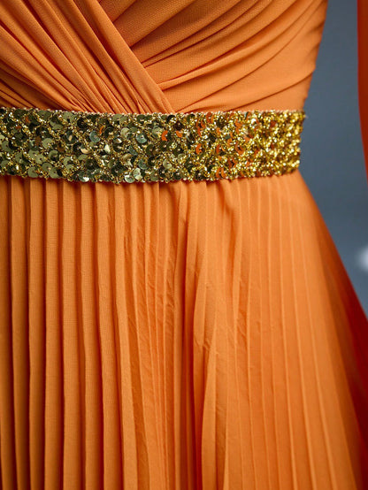 New Arrival, Magical, Crossover Neckline, Shiny, Bridesmaid Dress, Sun Pleats, Hollow Lantern Sleeves, Chiffon, A-Line Skirt