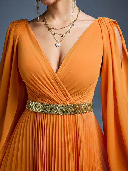 New Arrival, Magical, Crossover Neckline, Shiny, Bridesmaid Dress, Sun Pleats, Hollow Lantern Sleeves, Chiffon, A-Line Skirt