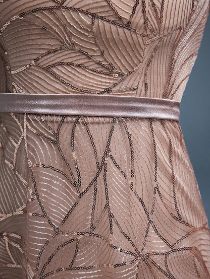 Women's New Round Neck Evening Dress, Sequin Lace Belt, Elegant A-Line Dress