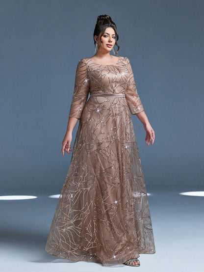 Luxury Elegant Summer Plus Champagne Sequin Tulle Maxi Gown, Leaf Embroidery A-Line, Floor Waist Wedding Mother Bride Party Formal Dress
