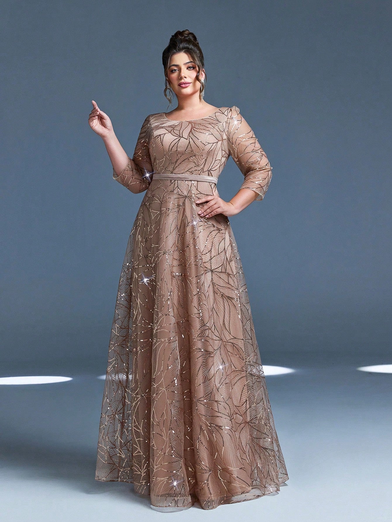 Luxury Elegant Summer Plus Champagne Sequin Tulle Maxi Gown, Leaf Embroidery A-Line, Floor Waist Wedding Mother Bride Party Formal Dress