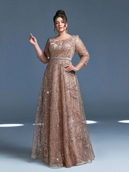 Luxury Elegant Summer Plus Champagne Sequin Tulle Maxi Gown, Leaf Embroidery A-Line, Floor Waist Wedding Mother Bride Party Formal Dress
